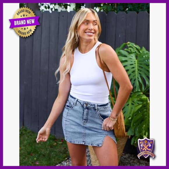 High Waisted Denim Skort with Side Split and Built-in Shorts - Picture 5 of 7